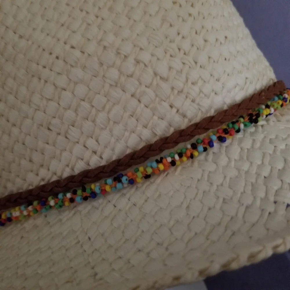 Steve Madden Cream Straw Fedora Hat Beaded Band Boho Resort Beach